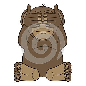 One of three wise monkeys. See no evil, hear no evil and speak no evil. A monkey covering his eyes with both hands.Â 